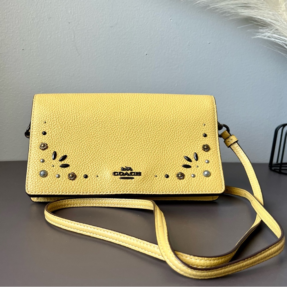 Coach Yellow Leather Hayden Foldover Crossbody
Clutch bag Prairie Rivets 30428